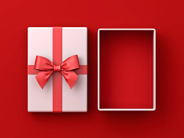 istock Blank white rectangle gift box mockup open or top view of white present box tied with red ribbon bow isolated on dark red background with shadow minimal creative idea concepts 3D rendering 2229984221