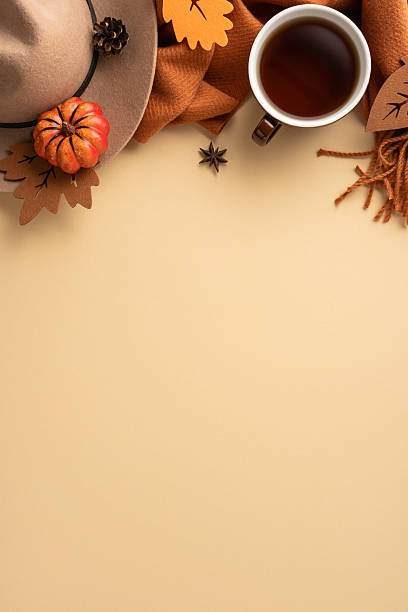 istock Flat lay vertical autumn composition featuring a hat, tea cup, pumpkins, leaves, and warm tones 2229990329
