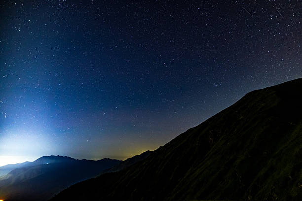 Stunning Mountain View With Starry Night Sky and Illuminated Valleys