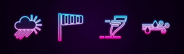 istock Set line Cloudy with rain and sun, Cone windsock wind vane, Tornado and Wind. Glowing neon icon. Vector 2229998665