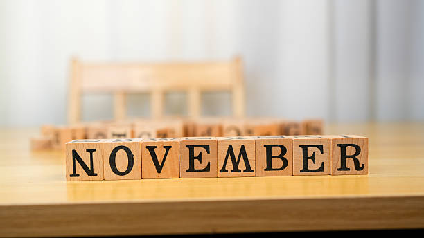 November wooden blocks arranged on table create warm and inviting atmosphere, perfect for seasonal decor or planning. soft background adds touch of elegance to display