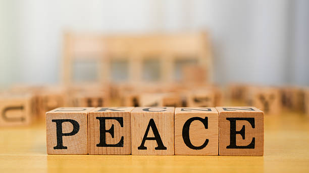 istock Wooden blocks spelling word peace on table, symbolizing harmony and tranquility. background is softly blurred, enhancing focus on message of peace 2230004886