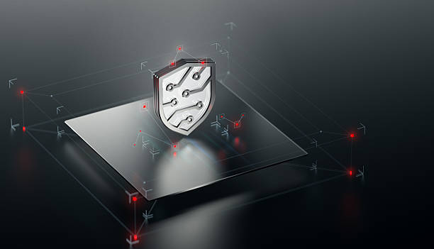 Shield icon - symbol of safety and protection. Experimental visual aesthetic in dark minimalistic environment.