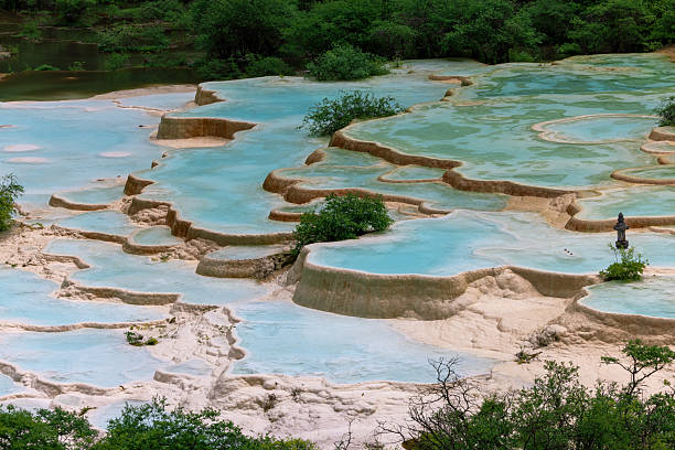 View of the Multi-Colored Pond in Huanglong, a World Heritage Site by UNESCO in 1992 because of its outstanding travertine formations, waterfalls and limestone formations as well as its travertine terraces and lakes rating among the three most outstanding examples in the world. Sichuan, China.