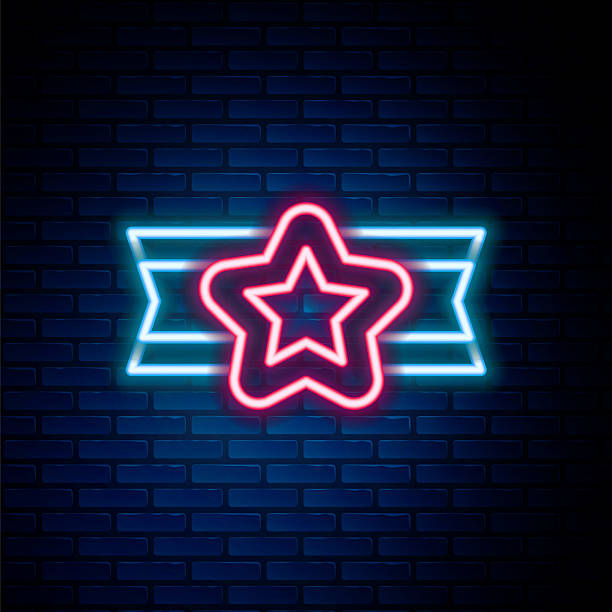 istock Glowing neon line Star American military icon isolated on brick wall background. Military badges. Army patches. Colorful outline concept. Vector 2230019138