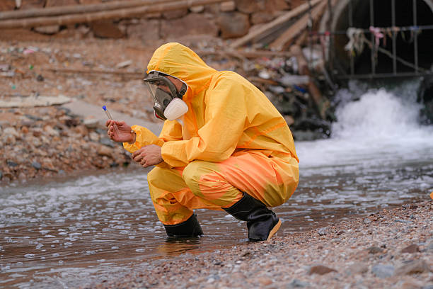 istock Environmental field team in protective gear analyzes water samples on a polluted beach. One holds a laptop while the other handles vials for chemical testing of coastal pollution. 2230019668