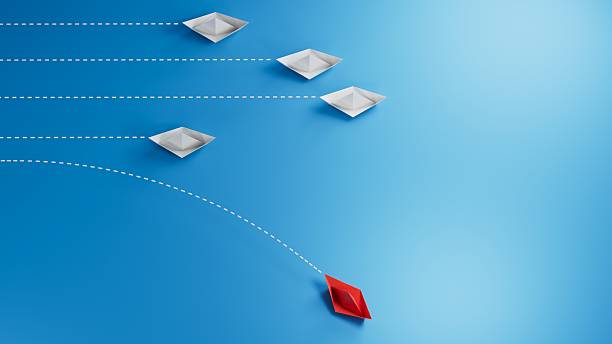 istock Red paper boat changing direction from white. New ideas. Different business concepts. Courage to risk. leaderboat. 3D illustrations 2230021746