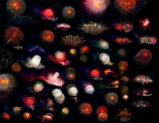 A collage of fireworks of different colors and shapes at night