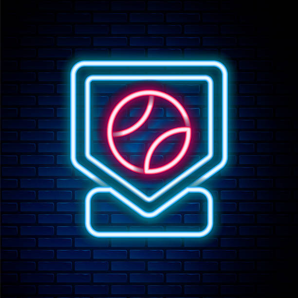 Glowing neon line Baseball base icon isolated on brick wall background. Colorful outline concept. Vector Glowing neon line Baseball base icon isolated on brick wall background. Colorful outline concept. Vector. baseball-scorecard stock illustrations