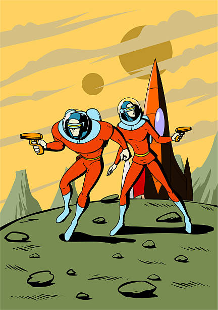 A retro style vector illustration of two astronauts stranded on a planet, holding a gun  cautiously exploring the planet. Wide space available for your copy. No generative AI was used.