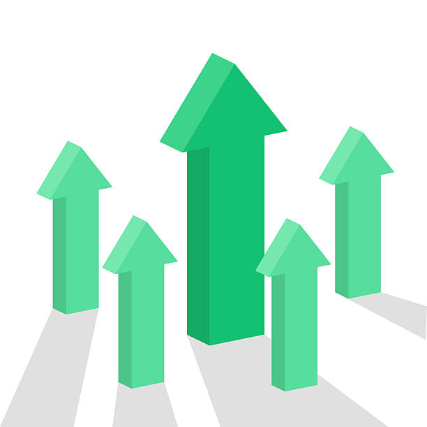 istock Big green arrow pointing up, followed by four smaller arrows, representing competition, cooperation, followers, optimism, progress, growth, and business profit 2230032933