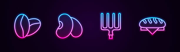 istock Set line Coffee beans, Beans, Garden pitchfork and Bread loaf. Glowing neon icon. Vector 2230034929