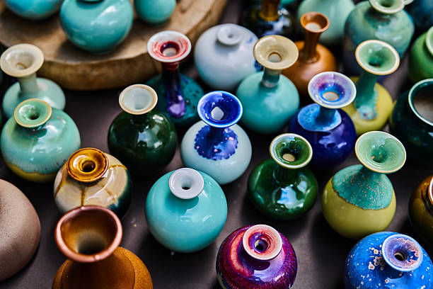A lot of colorful ceramic vases