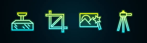 istock Set line Softbox light, Picture crop photo, Photo retouching and Tripod. Glowing neon icon. Vector 2230043465