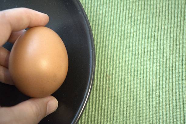 istock Single Brown Chicken Egg on Black Plate with hand, Close-Up with Copy Space 2230054518