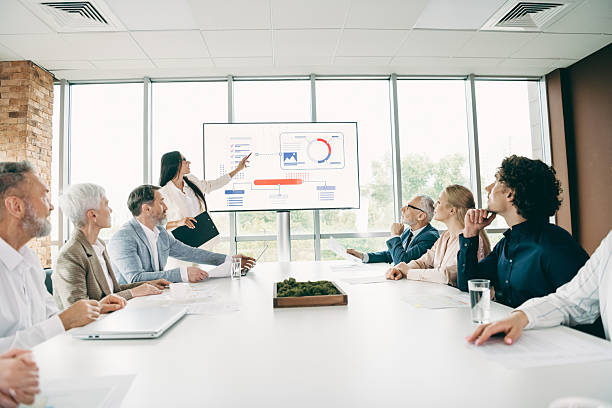 istock Professional team in a business meeting discussing a project presentation in a modern office setting during daylight hours. 2230065313