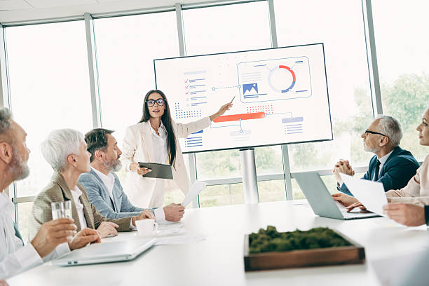 istock Modern office presentation with a diverse business team collaborating during a discussion on dynamic data charts and strategies 2230065361