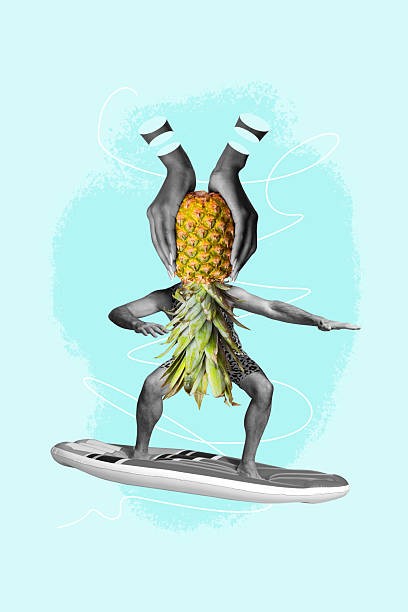istock Poster image sketch vertical collage of anonym man stand surfboard instead head pineapple fruit hands summer activity hobby 2230066501
