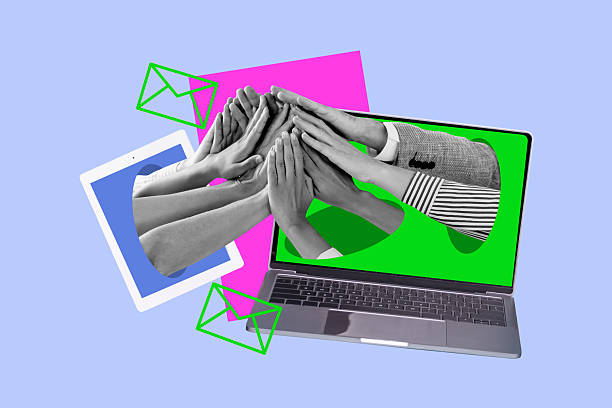 istock Creative 3d full art image collage of human hands hold high-five gesture peek tablet screen laptop freelancer newsletter cooperation 2230066502