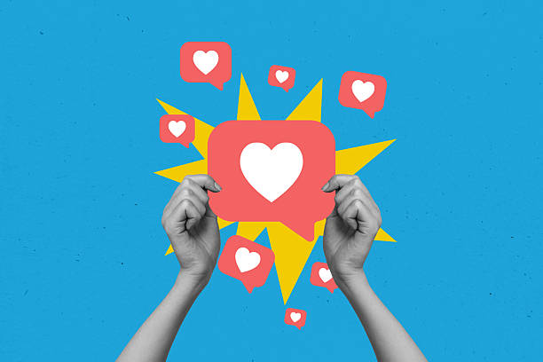 istock Image 3d trendy creative collage of human hand hold like reaction notification popular blogger feedback subscribe text box media 2230066539