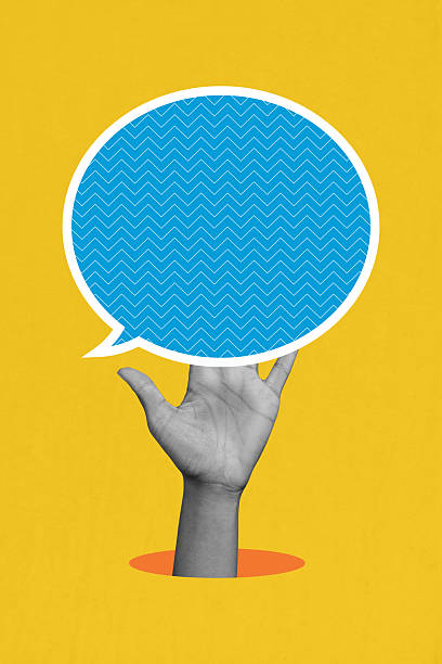 istock Zine vertical image artwork collage of hands hold fingers bubble communication chatterbox notification speech dialogue icon 2230066555