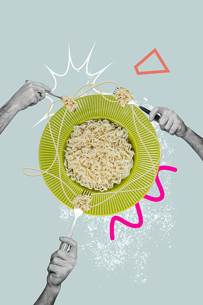 istock Creative collage of plates with noodles eating forks 2230066628
