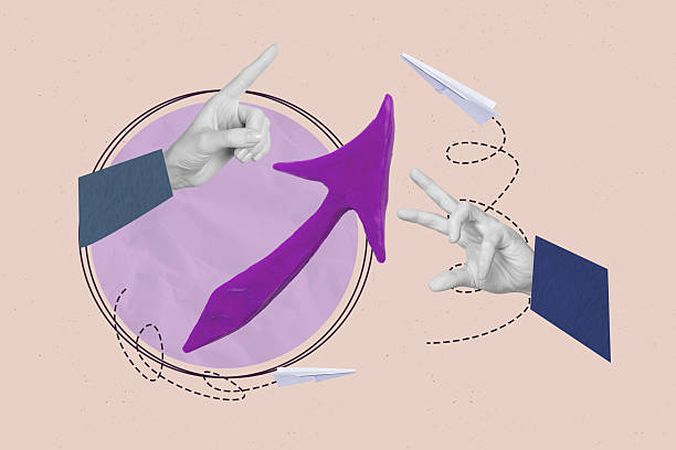 istock Image art collage of hand gesture point with arrows going up on pastel background 2230067008