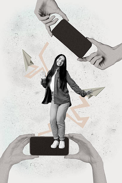 istock Vertical pop creative collage of happy girl guy stand hands hold phone message networking paper plane communication speech 2230067795