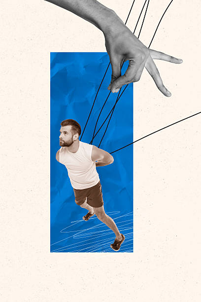 istock Trend artwork collage template composite sketch of press control line rope puppeteer master hand hold man balance stand exercise motion 2230068013