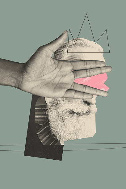istock Creative design composite trend artwork collage of sign gesture body language hand finger cover eyes aged man head grey hair beard 2230068034