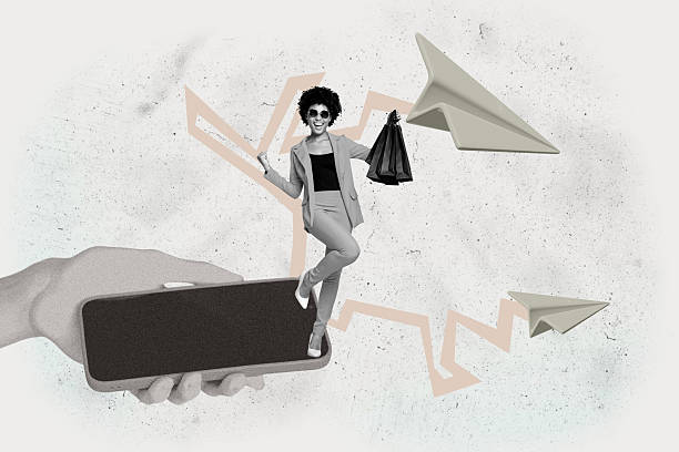 istock Full 3d pop creative collage of happy girl guy stand hands hold phone message networking paper plane communication speech 2230068263