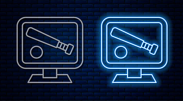 Glowing neon line Monitor with baseball ball and bat on the screen icon isolated on brick wall background. Online baseball game. Vector Glowing neon line Monitor with baseball ball and bat on the screen icon isolated on brick wall background. Online baseball game. Vector. baseball-scorecard stock illustrations