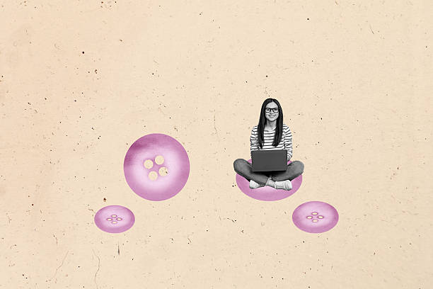 istock Collage of digital freelancer woman using laptop while sitting on abstract elements remote work creative concept 2230068731