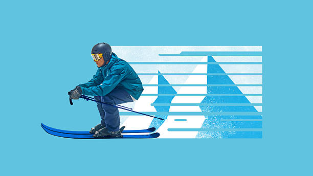 Modern collage of skier in blue racing downhill with stylized mountain stripe graphic. Concept of winter competition, leadership drive, seasonal holiday thrill, business achievement.