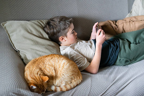 istock Young boy relaxing with cell phone and sleeping cat 2230074639