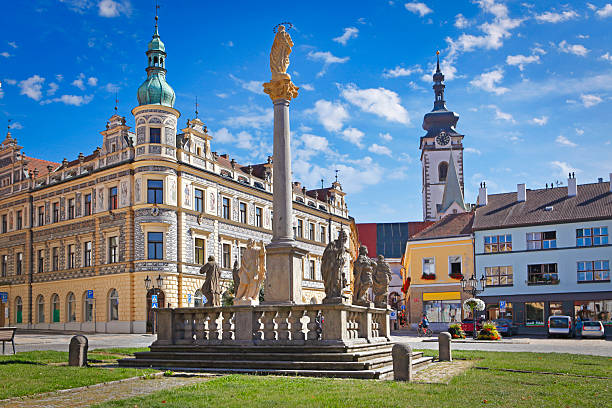 Night aerial view of historic centre of Ceske Budejovice. Czech Republic
