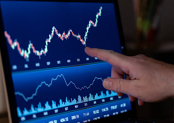 istock Finger pointing at a stock market chart on a computer screen. 2230080101