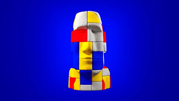 Modular Moai sculpture in primary colors standing intact over deep blue background