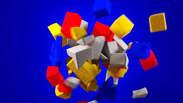 Energetic 3D composition of colorful cracked-texture cubes suspended mid-air over a deep blue background. Captures a sense of motion and dynamic chaos, suitable for VJ loops, abstract visuals, or modern digital design assets