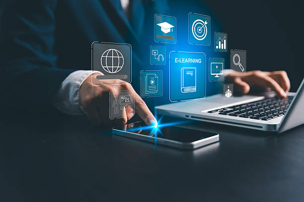 istock E-learning is modern concept of online education uses internet technology to support virtual studying, personal development, business training through interactive screens, online Courses e-learning. 2230087991