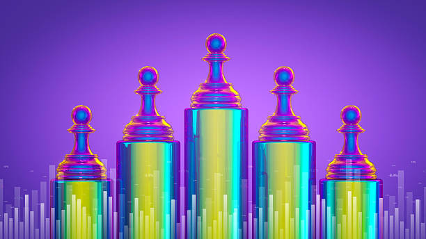 This dynamic 3D animation visualizes financial performance and business metrics using a vibrant bar graph with chess pawns. The iridescent columns, arranged in a bell curve, and the underlying data with percentages create a powerful metaphor for market trends, Investment returns, and corporate Success. This image is perfectly suited for illustrating concepts like Financial Report analysis, Stock Market and Exchange fluctuations, and strategic Growth. Its futuristic and colorful aesthetic makes it an ideal visual for presentations on Finance, Marketing, and Business Strategy.