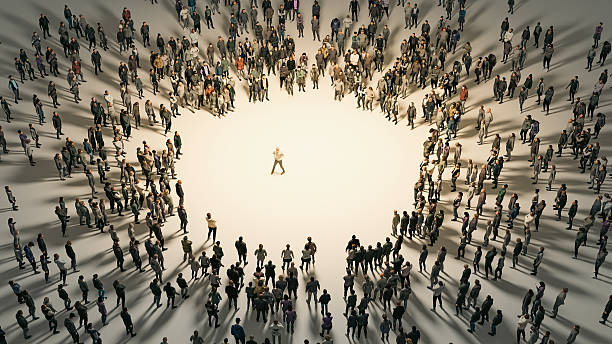 istock 3D illustration. High angle view of crowd surrounding in a circle to display visual effects on a white screen. 2230103883