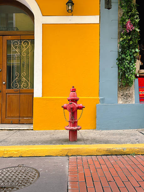 istock Red Fire Hydrant in Front of a Colorful Building 2230110690