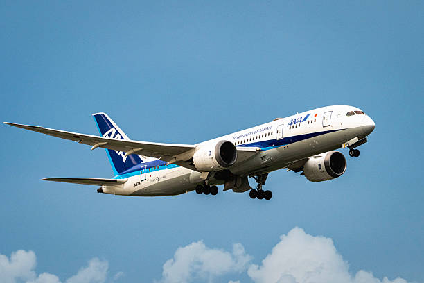 ANA Boeing 787 flying in Naha during sunset ，Naha，Okinawa，Japan-July7，2025