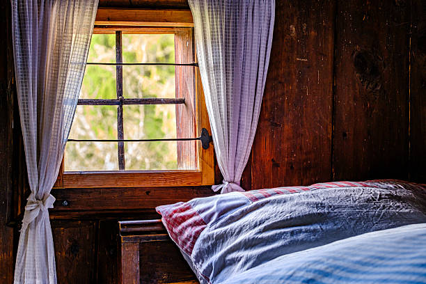 istock Cozy bed with checkered pillows in a rustic wooden cabin during a serene afternoon 2230115886