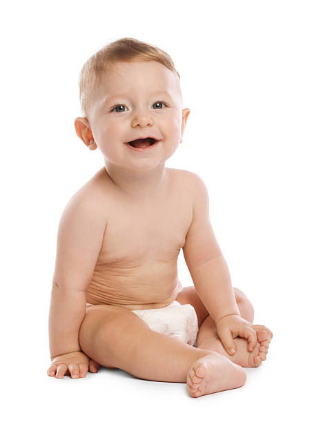 istock Little baby in diaper on white background 2230116035