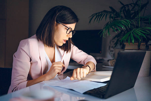 istock Business woman working at night 2230117982