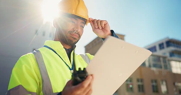 istock Outdoor, engineering and man with tablet, architecture and lens flare with online schedule. Person, expert and construction worker in city, tech or building development with project management or app 2230118059