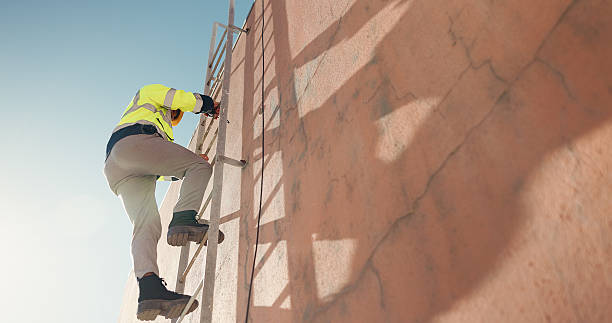 istock Wall, technician and man climbing on ladder for installation, building or outdoor construction. Climb, back or low angle of cable contractor moving up on steps for electrical checkup or mockup space 2230118083