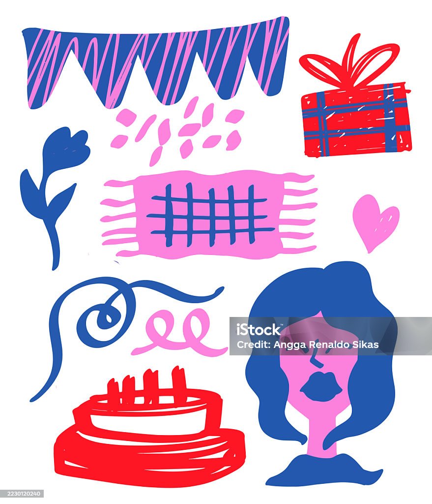 Doodle di compleanno con una ragazza, bandiera del partito, regalo, torta, nastro, fiore e coriandoli - arte vettoriale royalty-free di Bambino Doodle di compleanno con una ragazza, bandiera del partito, regalo, torta, nastro, fiore e coriandoli - arte vettoriale royalty-free di Bambino